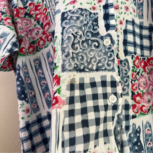 Vintage PennyLane Patchwork Look Button Front Short Sleeve Top Large Flawed - Picture 10 of 13